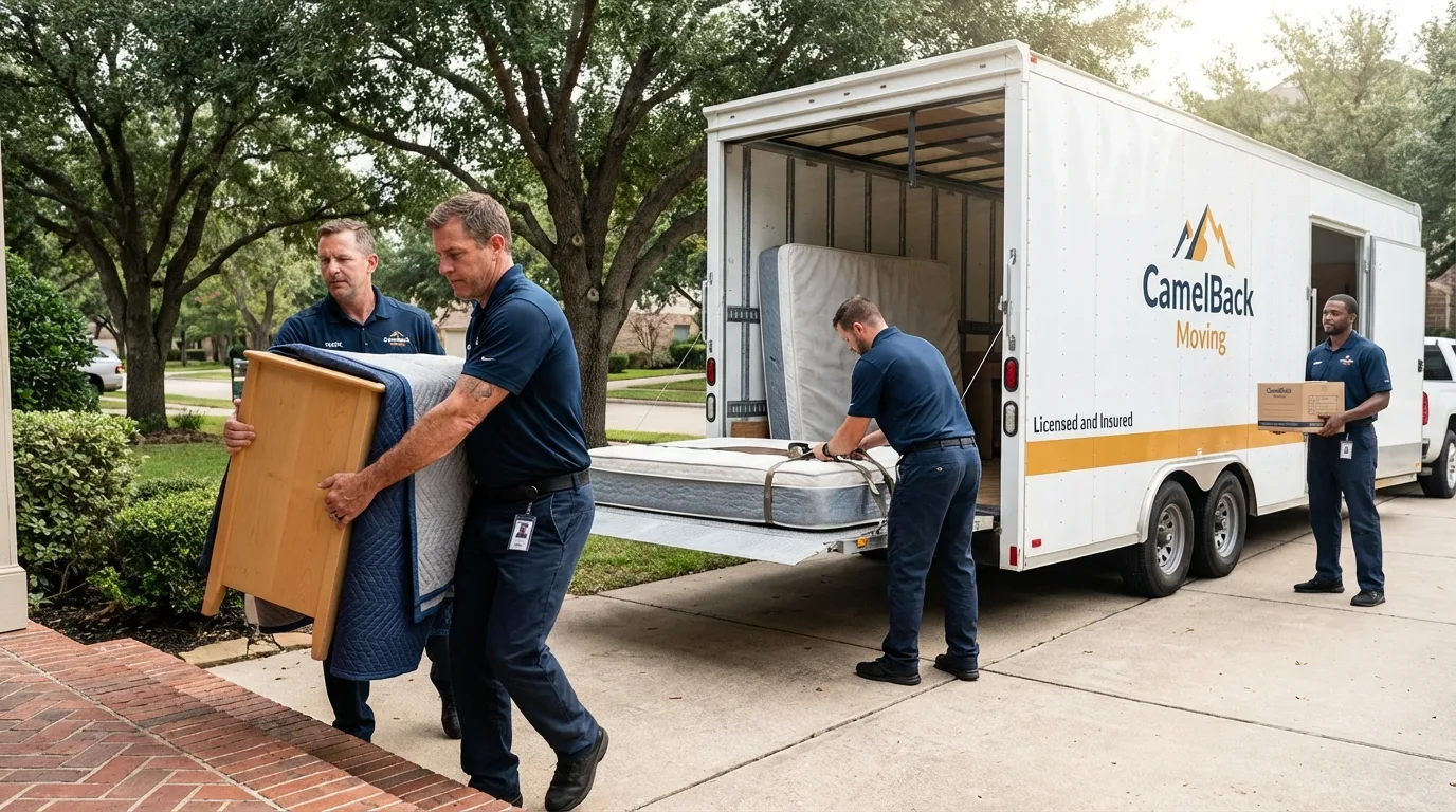 Crew loading residential truck for cross-state move from Argyle, TX