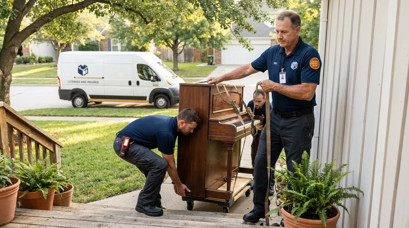 Licensed piano movers securing grand piano in Argyle, TX