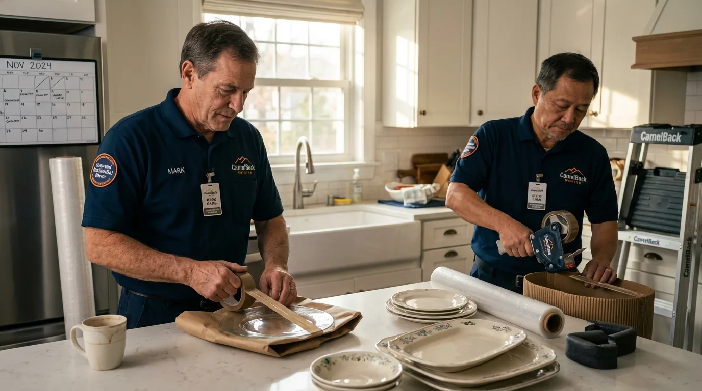 Professional crew packing kitchen dishware in Argyle, TX